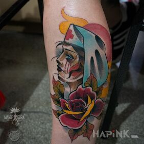 Tattoo Neo-traditional nurse on the calf motif: flowers style: neo-traditional