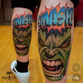 Tattoo Hulk on the calf motif: colorful style: cartoon / comic book