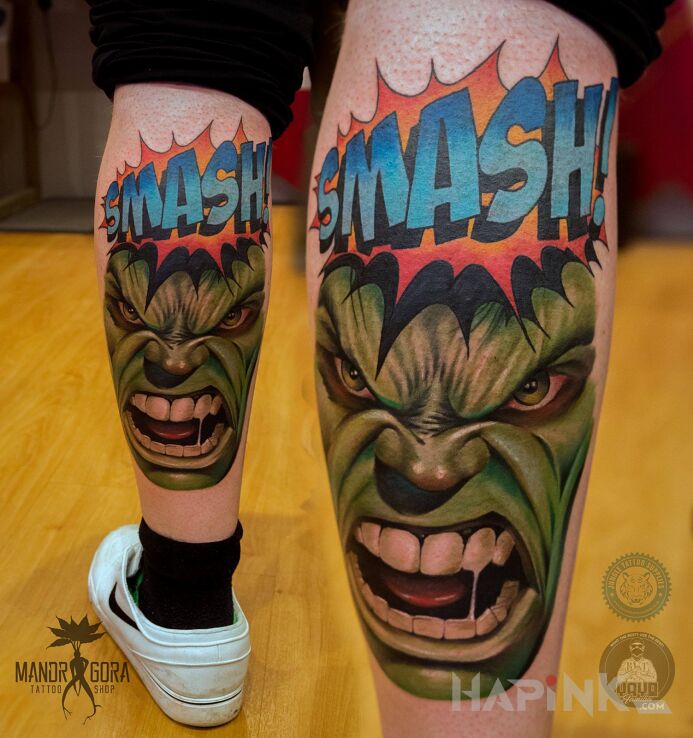 Tattoo Hulk in colorful motif and cartoon / comic book style on the calf