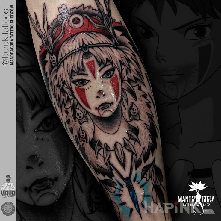 Tattoo Księżniczka Mononoke in colorful motif and graphic / illustrative style on the calf