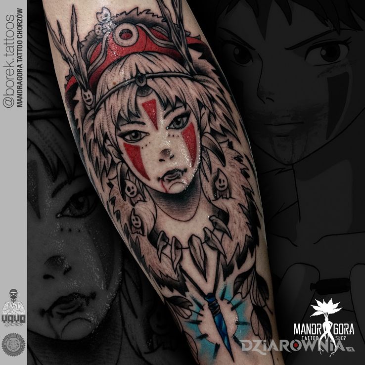 Tatuaż księżniczka mononoke w motywie postacie i stylu graficzne / ilustracyjne na łydce