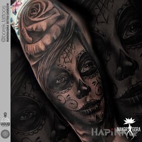 Tattoo Santa muerte on the upper arm motif: santa muerte style: realistic