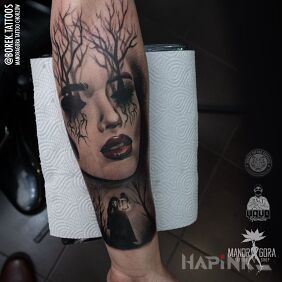 Tattoo Witch on the forearm motif: black and gray