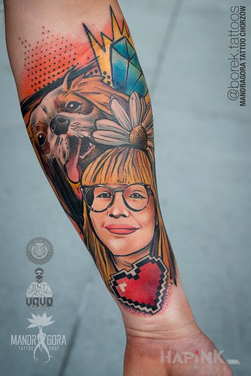 Tattoo Portret in colorful motif and graphic / illustrative style on the forearm