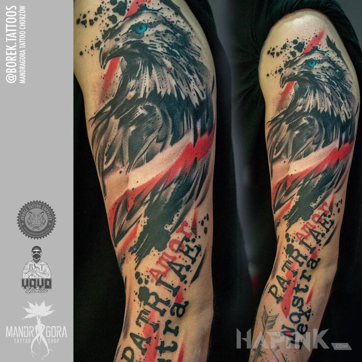 Tattoo Patriotyczna trashpolka in lettering motif and trash polka style on the forearm