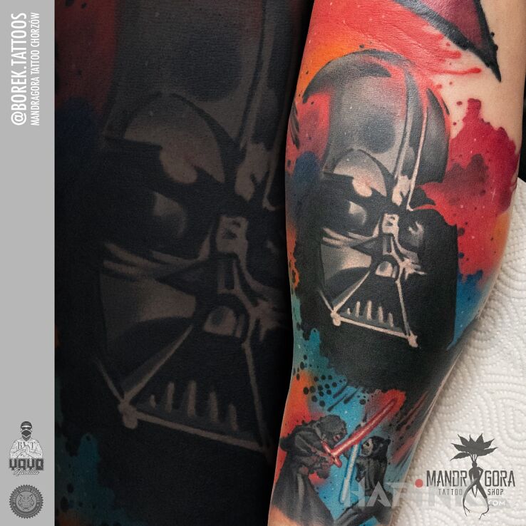 Tattoo Lord Vader in colorful motif and Watercolor style on the forearm