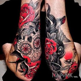 Tattoo Skull and face of a woman on the forearm motif: flowers