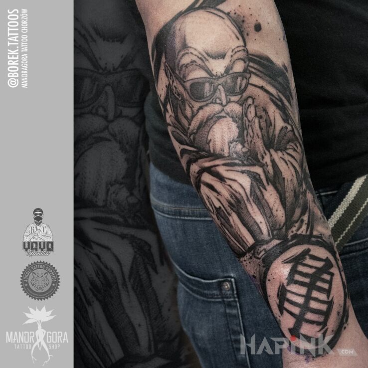 Tattoo Genialny żółw in black and gray motif and sketch style on the forearm
