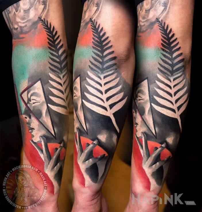 Tattoo Abstrakcyjna twarz in faces motif and surrealistic style on the forearm