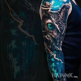 Tattoo Blue owl on the forearm motif: animals style: realistic