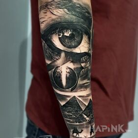 Tattoo Eye of Horus, Egyptian themes, Egypt, eye on the forearm motif: black and gray style: realistic
