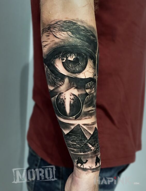 Tattoo Oko Horusa, Egipska tematyka, Egipt, oko in 3D motif and realistic style on the forearm