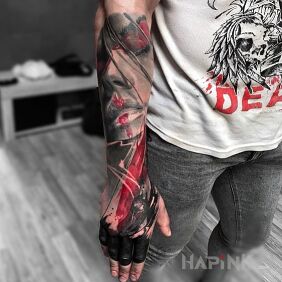 Tattoo Face trash polka on the hand motif: faces style: realistic