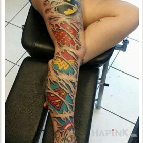 Tattoo A whole leg in ink on the foot motif: colorful style: cartoon / comic book