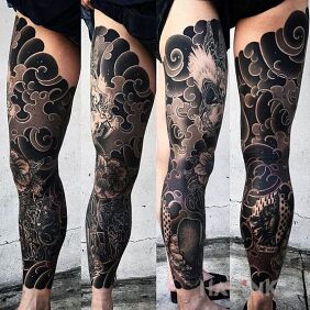 Tattoo Leg in Japanese on the calf motif: black and gray style: japanese / irezumi