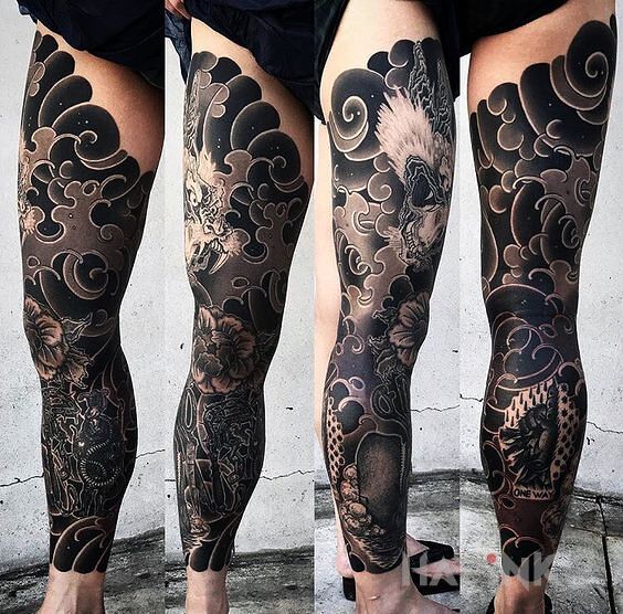 Tattoo Noga po japońsku in sleeves motif and japanese / irezumi style on the leg