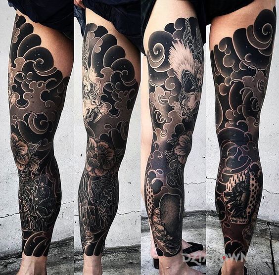 Tatuaż noga po japońsku w motywie rękawy i stylu japońskie / irezumi na nodze