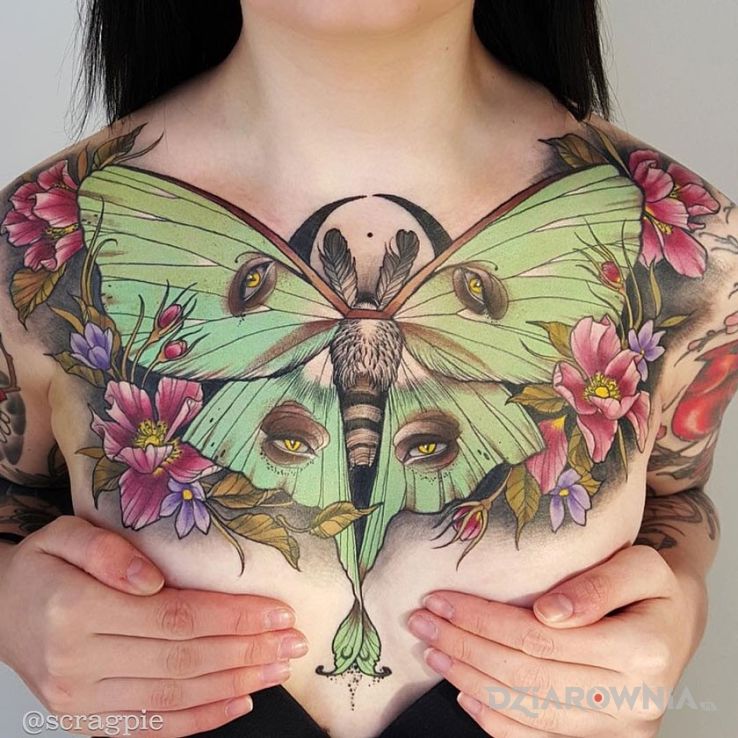 Tatuaż ćma w kolorze w motywie kwiaty na klatce