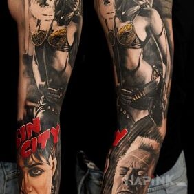 Tattoo Sin City sleeve on the upper arm motif: colorful style: realistic