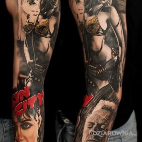 Tatuaż Sin City rękaw na przedramieniu motyw: kolorowe styl: realistyczne