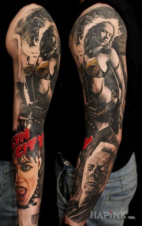 Tattoo Sin City rękaw in colorful motif and realistic style on the forearm