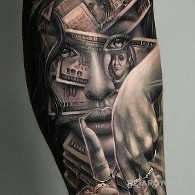 Tatuaż Dollars na przedramieniu motyw: twarze styl: realistyczne