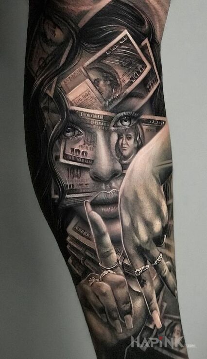Tattoo Dollars in faces motif and realistic style on the forearm
