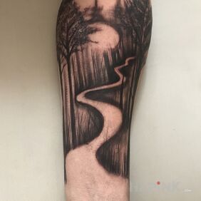 Tattoo Forest, road on the forearm motif: black and gray style: graphic / illustrative