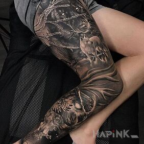 Tattoo Wolf pack on the calf motif: sleeves style: realistic