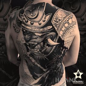 Tattoo Back - Samurai on the shoulder blades motif: black and gray style: japanese / irezumi