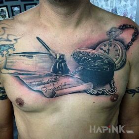 Tattoo Several items on the chest motif: black and gray style: realistic