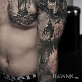 Tattoo Viking journeys on the upper arm motif: skulls style: realistic