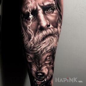 Tattoo One-eyed sage on the forearm motif: black and gray style: realistic