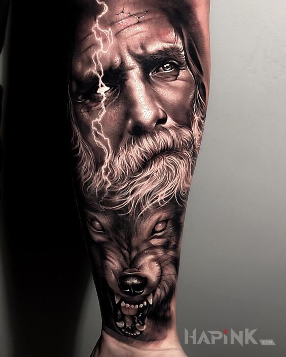Tattoo Jednooki mędrzec in black and gray motif and realistic style on the forearm