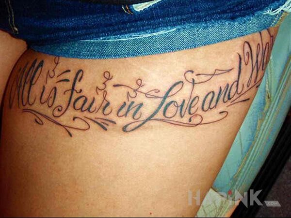 Tattoo All is fair in Love and War in war motif on the leg