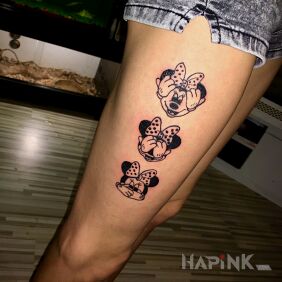 Tattoo Mickey with a message on the leg motif: characters style: graphic / illustrative