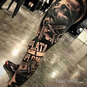 Tattoo Pablo Escobar on the calf motif: 3D style: realistic