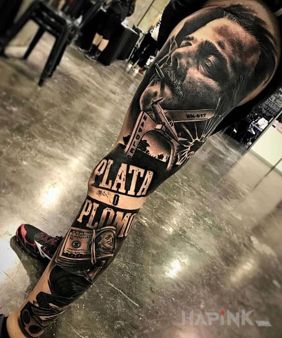 Tattoo Pablo Escobar in legsleeves motif and realistic style on the leg