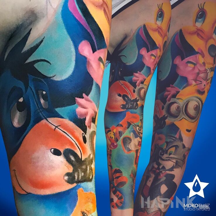 Tattoo Bajkowy rękaw in progress in sleeves motif and cartoon / comic book style on the upper arm