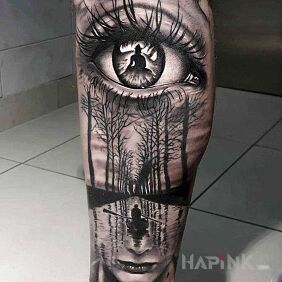 Tattoo An amazing vision on the calf motif: black and gray style: realistic