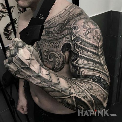 Tattoo Zbroja in black and gray motif and realistic style on the chest