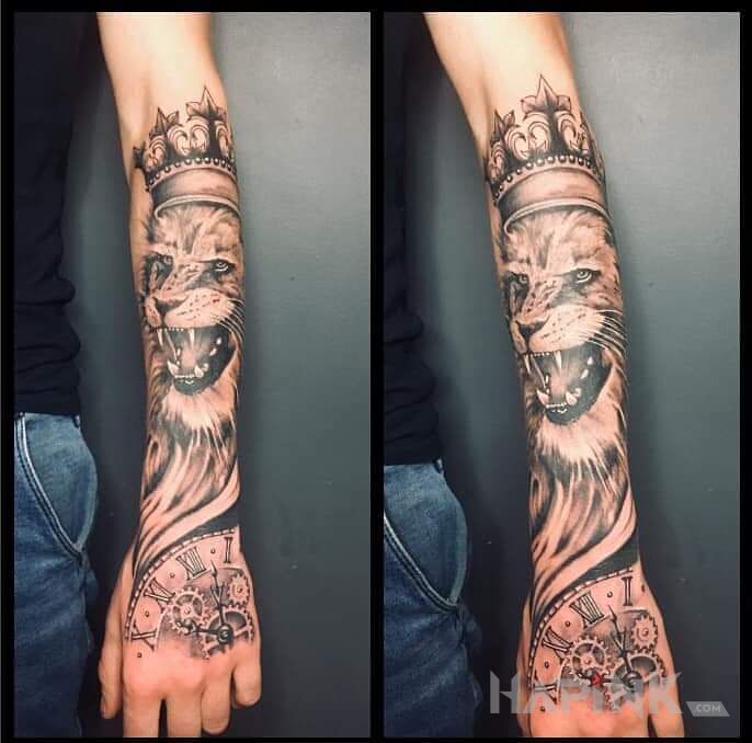 Tattoo Lew in black and gray motif and realistic style on the forearm