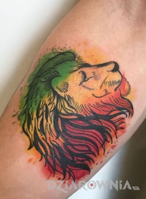 Kolorowy tatuaż lew rastafari