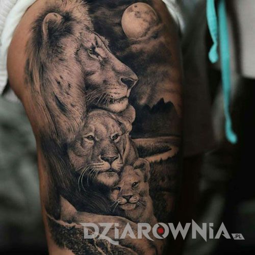 Tatuaż lwa z rodziną