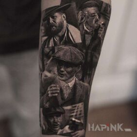 Tattoo Peaky Blinders on the forearm motif: faces style: realistic