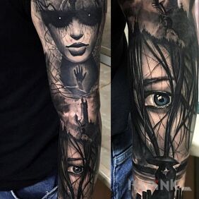 Tattoo Dark knit on the forearm motif: characters style: realistic