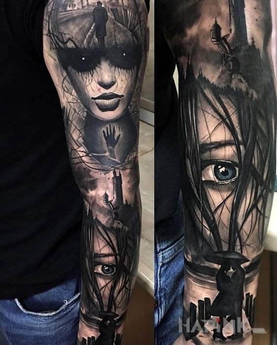 Tattoo Mroczna dziara in characters motif and realistic style on the upper arm