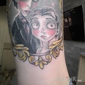 Tattoo Viktor Van Doort and Viktoria Everglot on the upper arm motif: faces style: graphic / illustrative