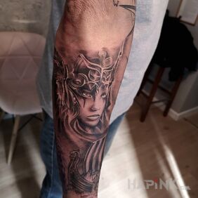 Tattoo Goddess Sif wife of Thor. Normanka on the forearm motif: faces style: realistic