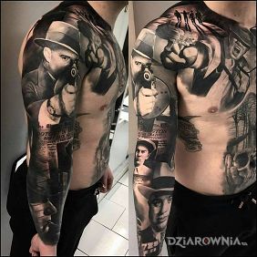 Tatuaż Al capone na przedramieniu motyw: rękawy styl: realistyczne